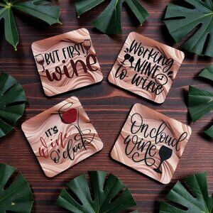 NWT Custom Absorbent Neoprene Wine Inspired Coasters Set of 4, Non-Slip Base
